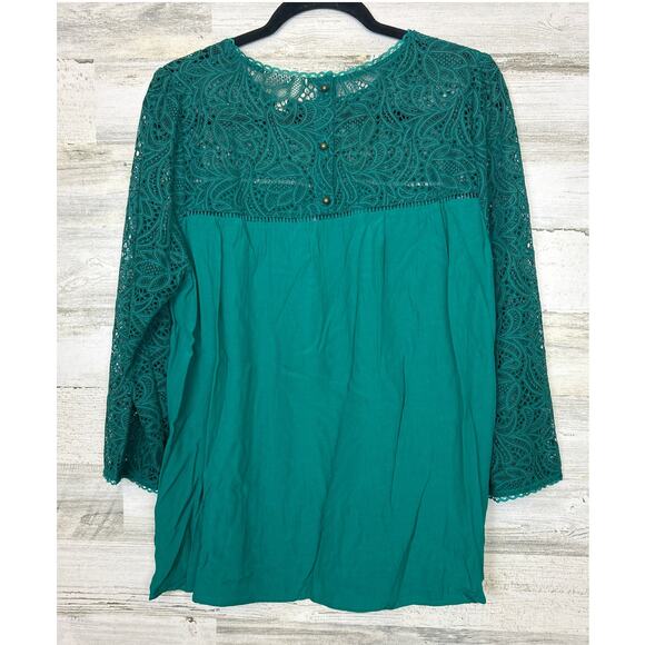 Moulinette Soeurs Anthropologie Women’s 14 Green Lace Boho 3/4 Sleeve Blouse NEW - Picture 3 of 8